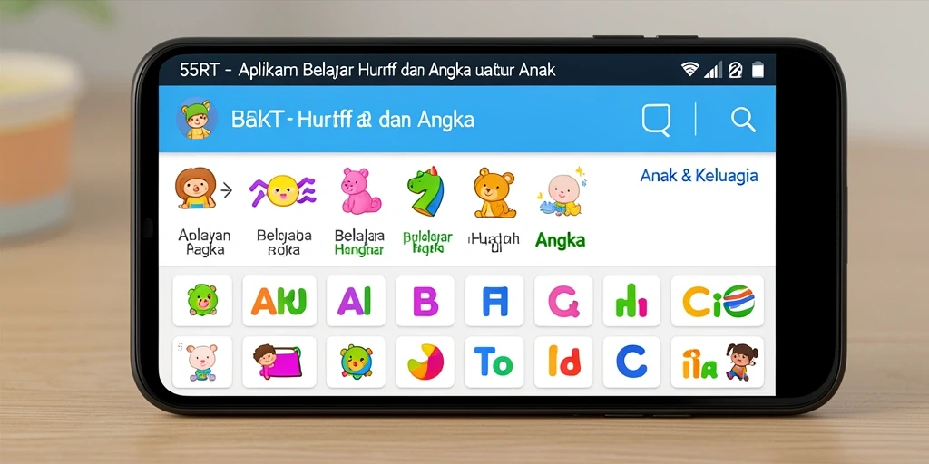 Antarmuka aplikasi 55RT untuk belajar huruf dan angka yang menarik.