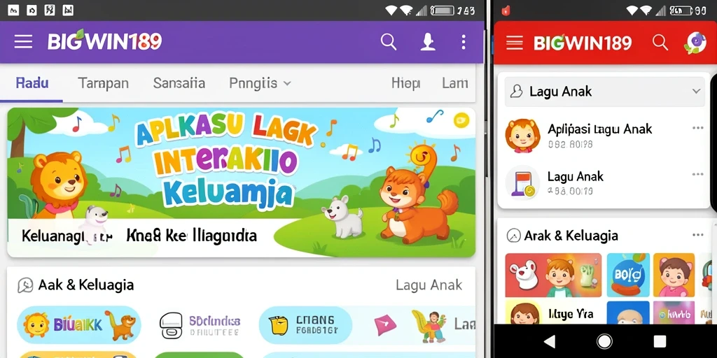 Antarmuka aplikasi BIGWIN189 dengan fitur Lagu Anak yang ceria.