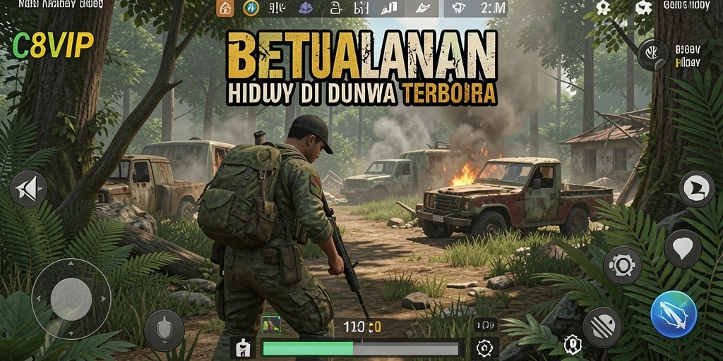 Screenshot antarmuka C8VIP menampilkan suasana bertahan hidup yang intens.
