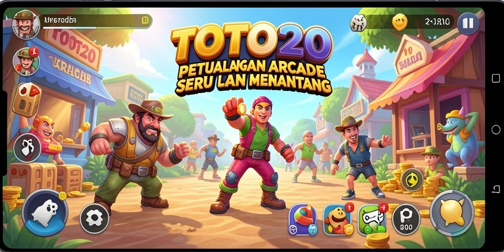 Screenshot utama TOTO20 menunjukkan gameplay Arcade yang menarik dan penuh warna.